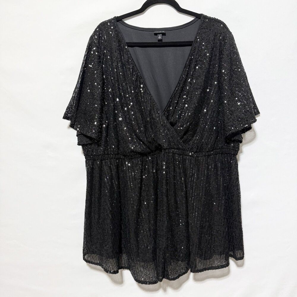 Torrid 4 Black Sequin Peplum Top Surplice V Neck Flutter Sleeve Party Plus Size